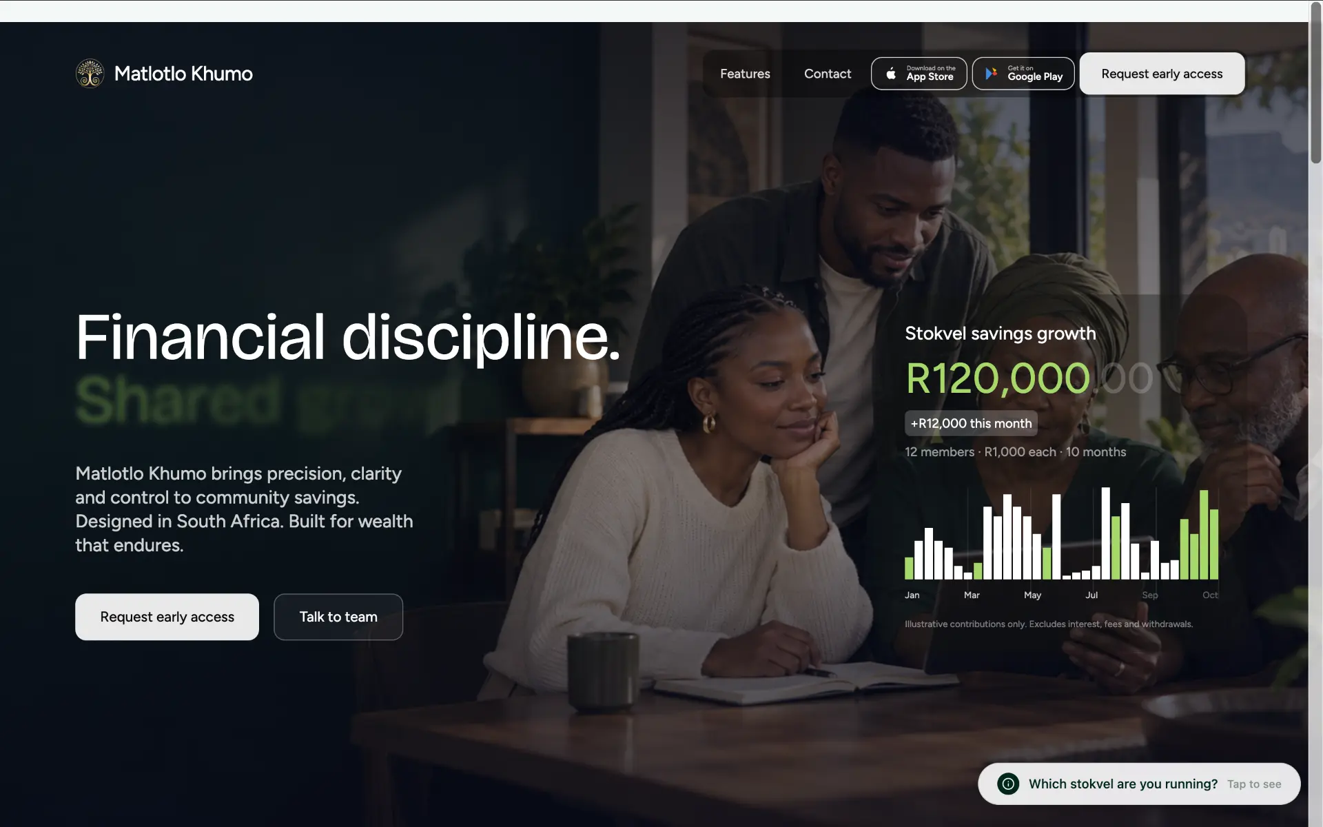 Matlotlo Khumo website with the headline Financial discipline and a stokvel savings growth chart